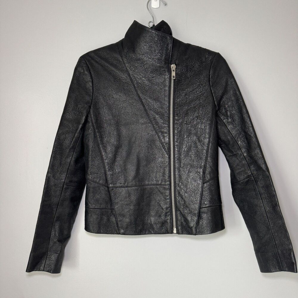 Beautiful Black Pebbled Lambskin Leather Asymmetrical Zip Jacket Sz 36 Moto